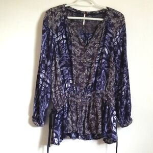 Free People Blue Print Button Front Blouse